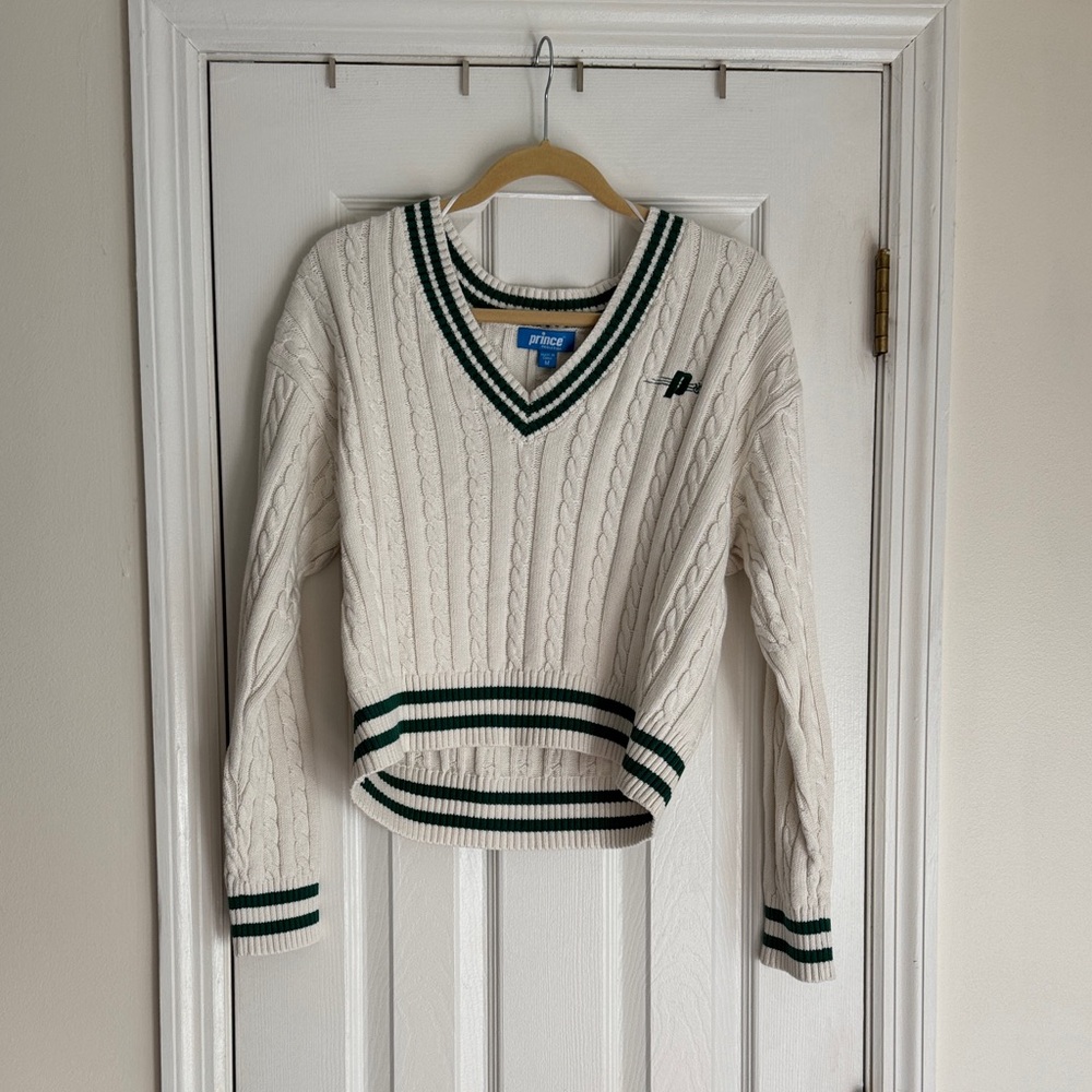 Prince V-Neck Sweater in White with Green Stripes